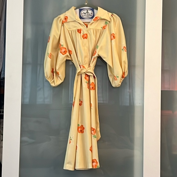 American Vintage Dresses & Skirts - Vtg 60s 70s Mod Yellow Floral Dress Dagger Collar Puff Sleeve